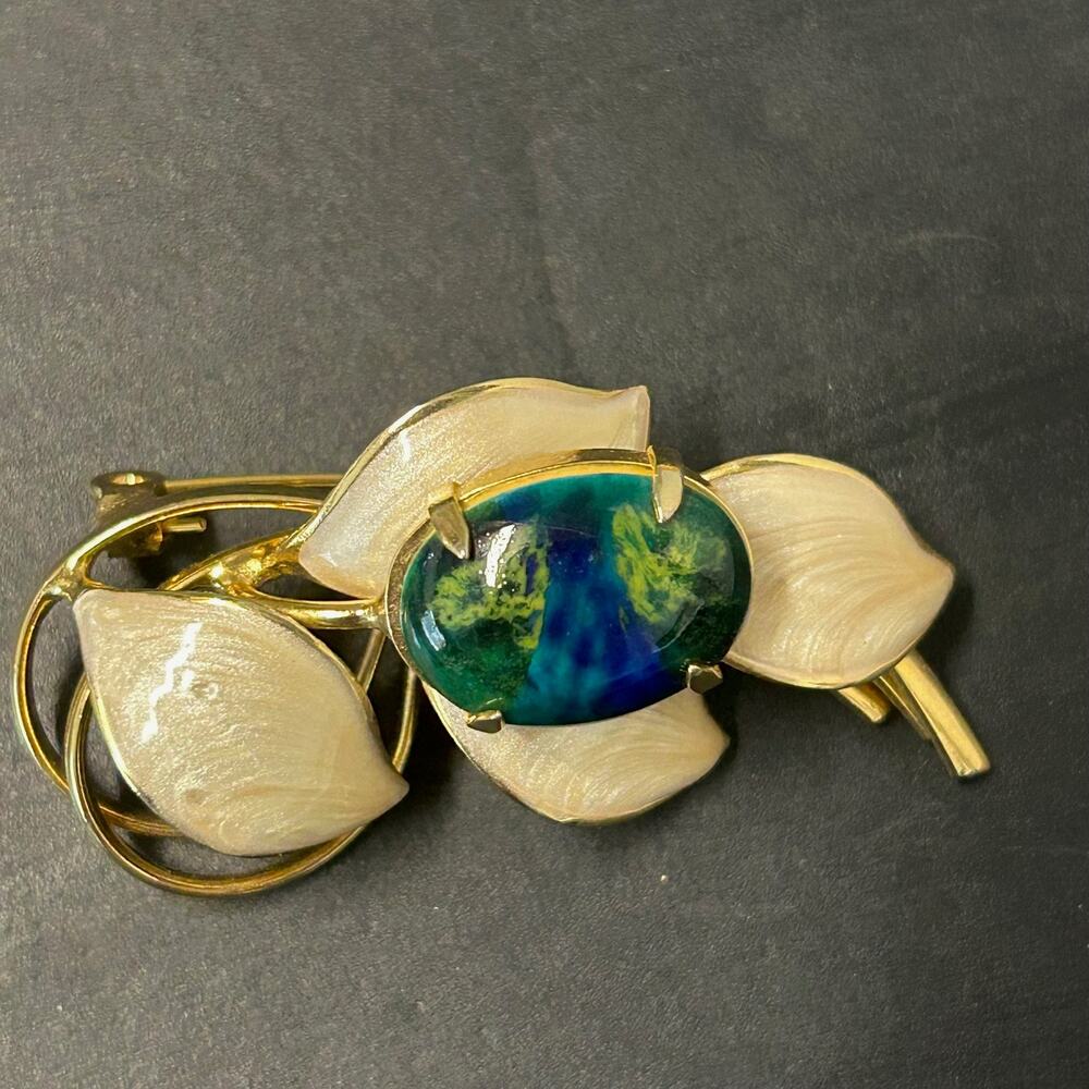 Vintage Brooch Enamel or Mother of Pearl Leaves Green Blue Center Stone Unmarked